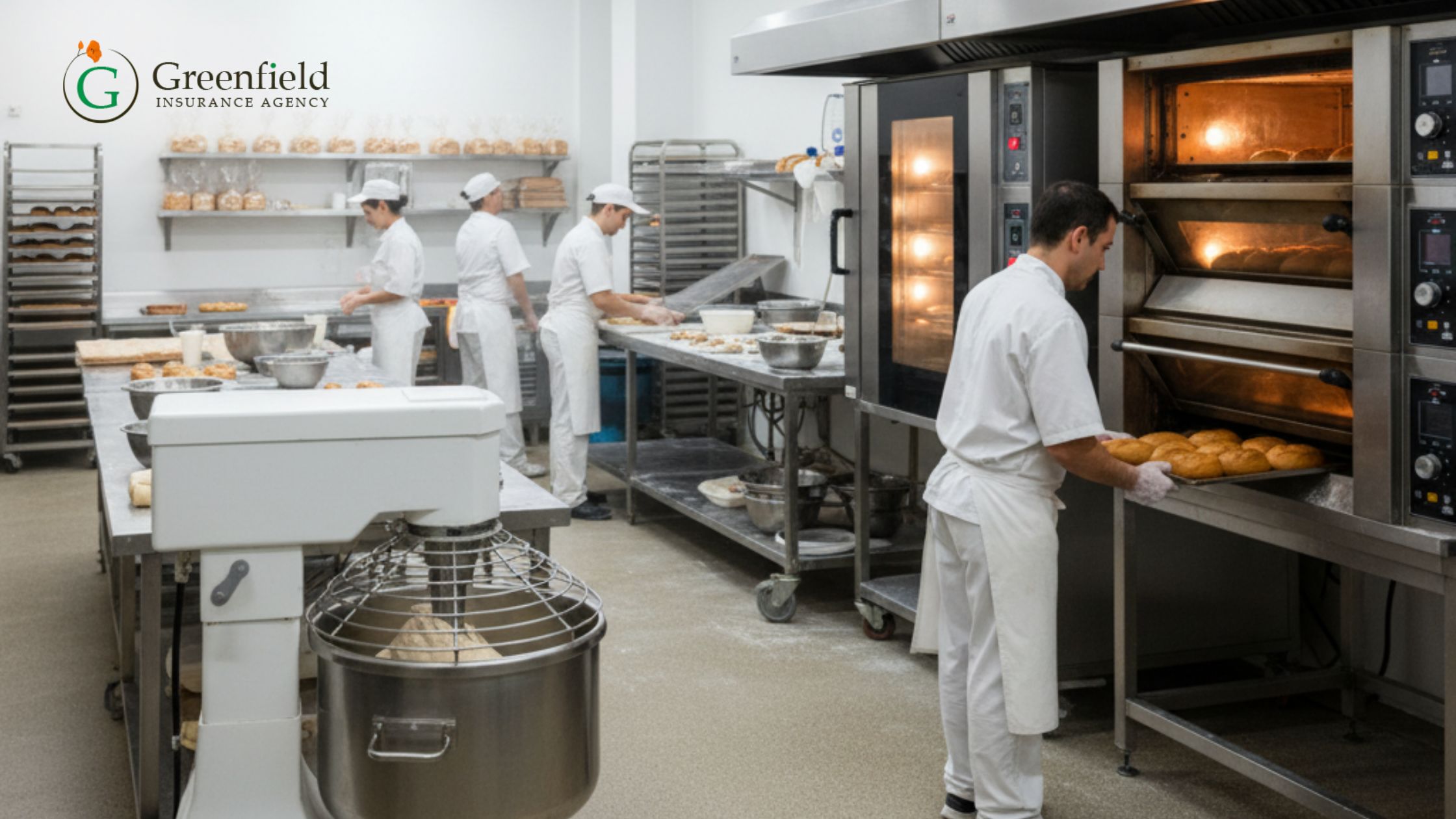 Bakery staff in white uniforms working in a bakery kitchen