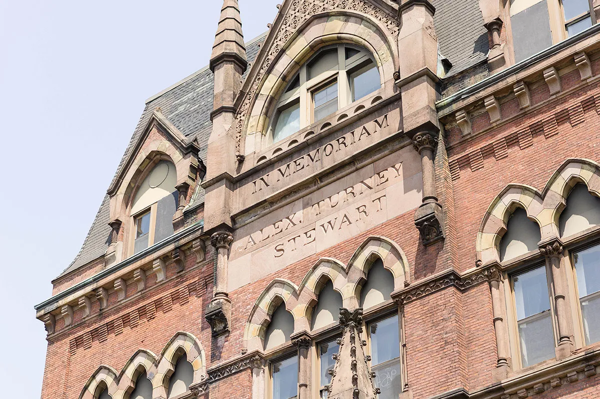 Close-up of the Alexander Turney Stewart Memorial building facade detailing